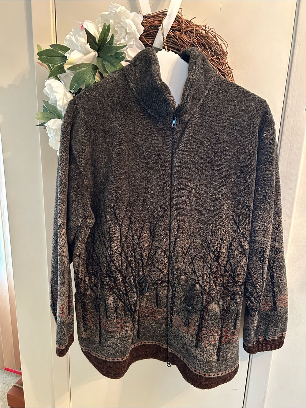 Women’s Brown print Full-Zip Tree-Pattern Sweater Jacket